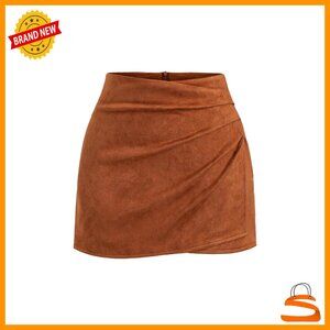 Suede Bodycon Skirt with Ruched Wrap Design and Back Zip Closure